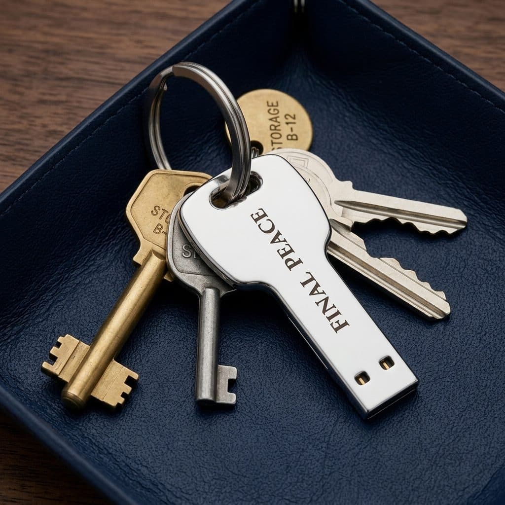 The Final Peace key — an engraved key-shaped USB drive on an ordinary keyring, at home among the house keys